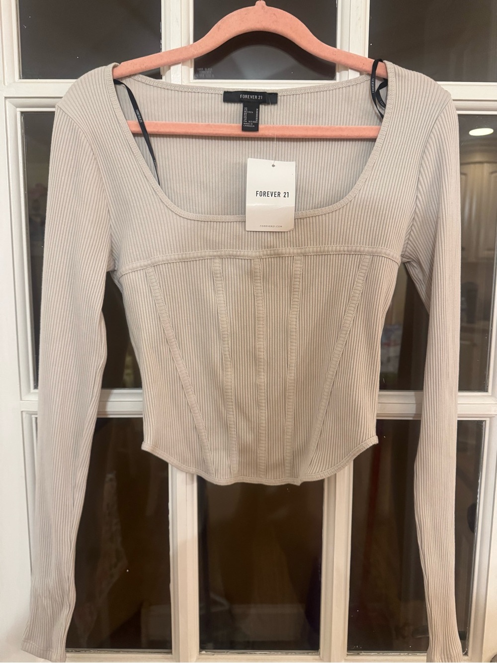 Forever 21 Ribbed Long Sleeve Square Neck Top - Beige